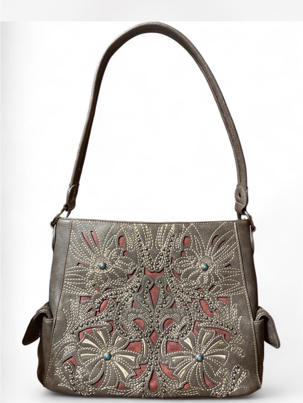 Gray Floral Cutout Shoulder Bag with brown underlay